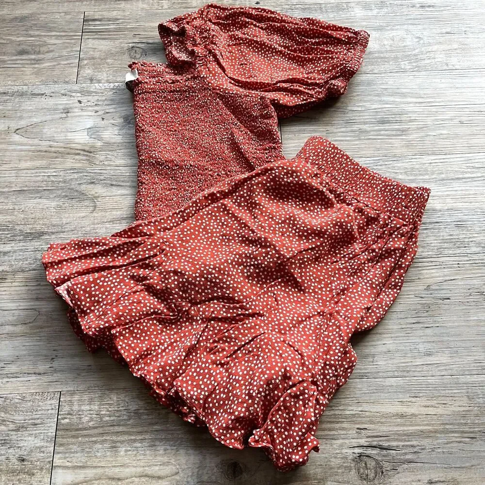 LOFT Puff Sleeve Dotted Smocked Top and Skirt SET Medium Red Orange White